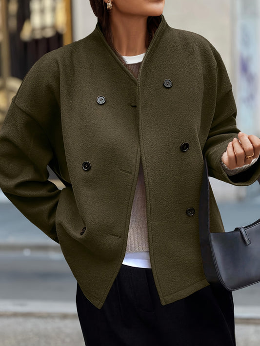 Elegant Dark Green Pea Coat for Women with Stand Collar Long Sleeve Double Breasted Relaxed Style