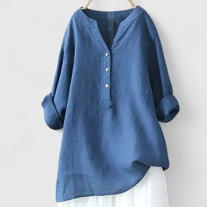 Effortless White Linen Shirt for Women with V Neck Long Sleeve Button Front Relaxed Style
