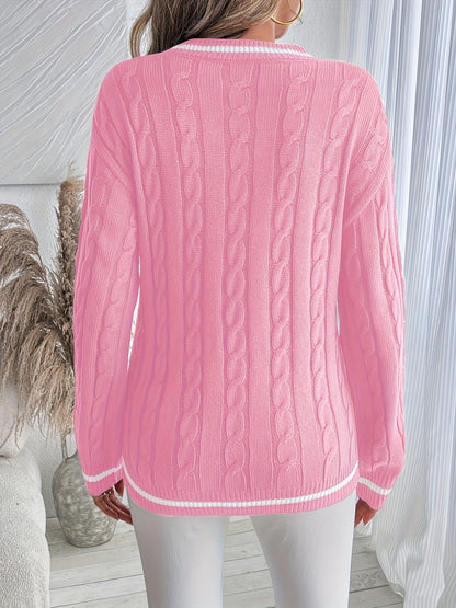 Comfortable Cable Knit Sweater for Women with V Neck Long Sleeve Striped Trim Relaxed Oversized Style