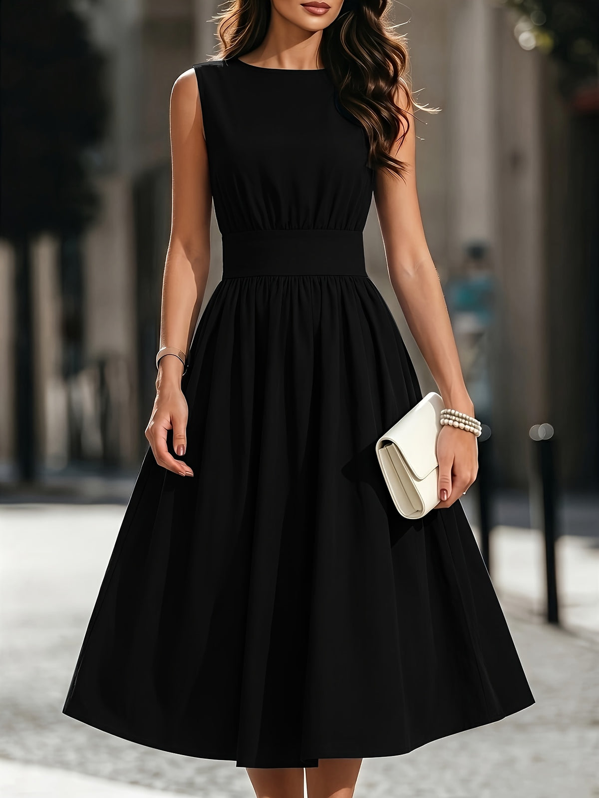 Refined Semi Formal Dress for Women with Round Neck Sleeveless Shirred Waist Fit and Flare Midi Party Style