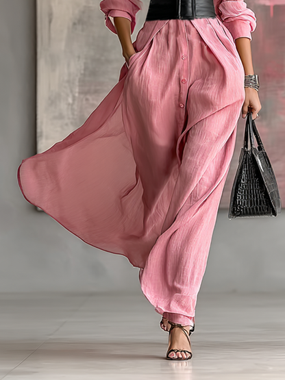 Effortless Pink Shirt Dress for Women with Lapel Collar Button Front Wide Belt Waist Long Sleeve Casual Maxi Style
