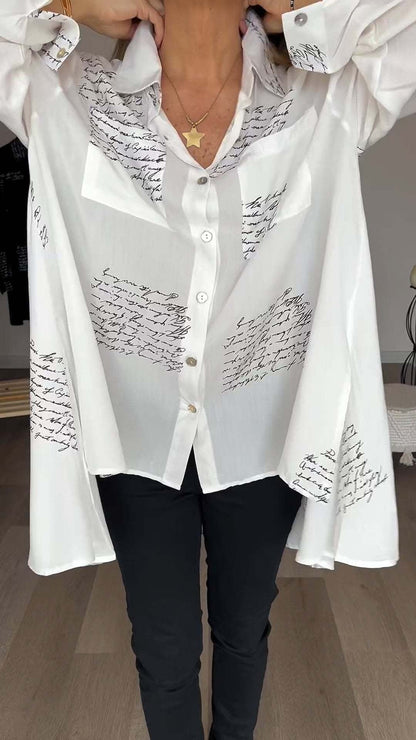 Effortless Script Print Shirt for Women with Collar Long Sleeve Oversized Casual Style