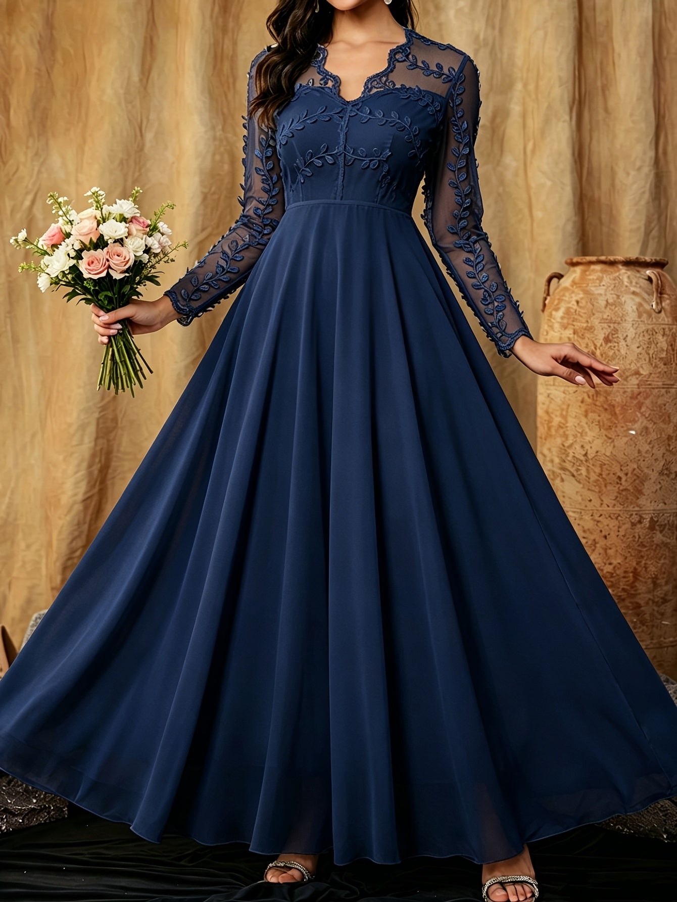 Elegant White Lace Wedding Gown for Women with V Neck Long Sleeve Sheer Applique Flowing Style