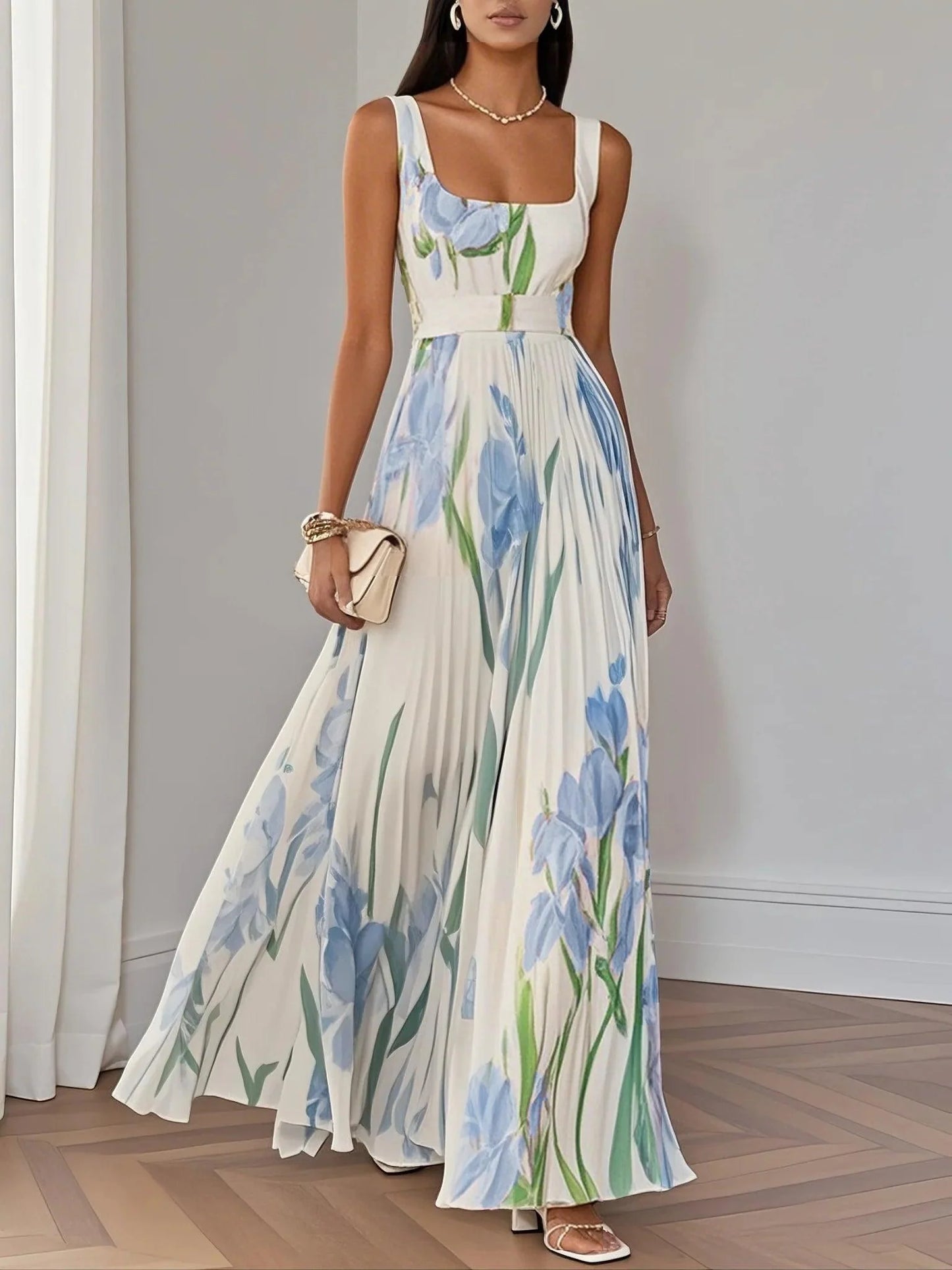 Elegant Floral Maxi Dress for Formal Wedding Guest Style with A Line Pleated Skirt