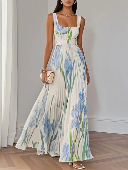 Elegant Floral Maxi Dress for Formal Wedding Guest Style with A Line Pleated Skirt