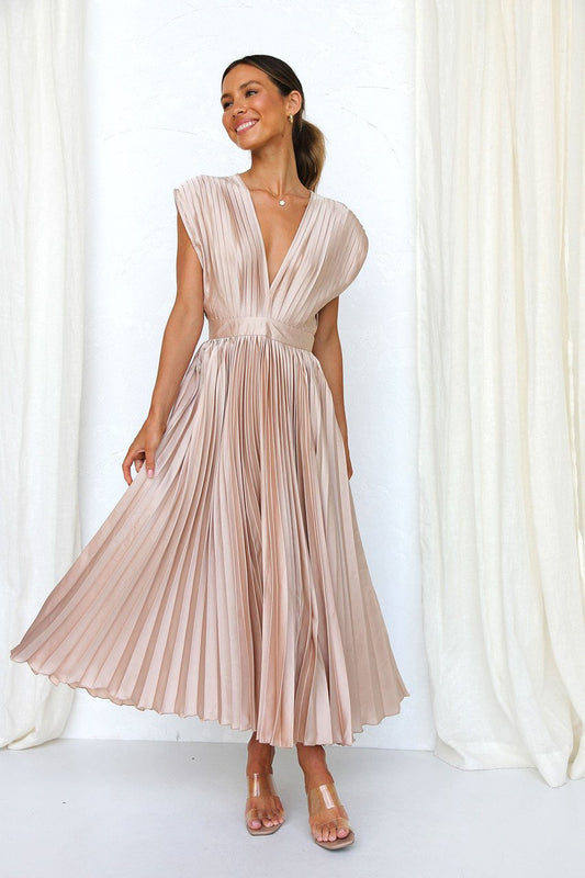 Elegant Pleated Midi Dress for Women with Deep V Neck Formal Wedding Guest Style