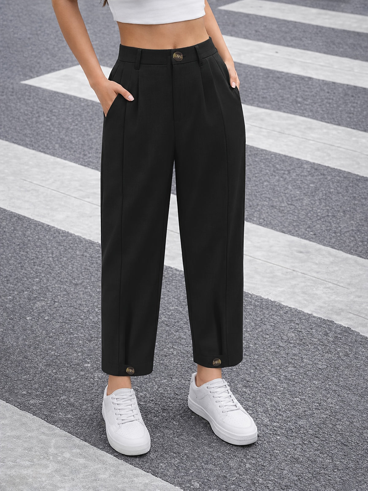 Elegant Tailored Trousers for Women with High Waist Pleated Tapered Ankle Button Cuff Style