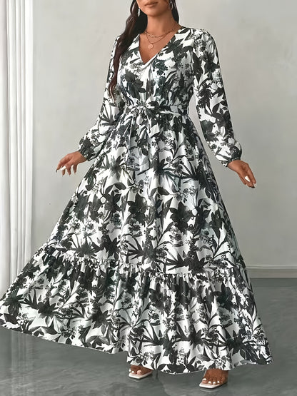 Elegant Floral Long Sleeve Maxi Dress for Women with V Neck Wrap Tie Waist Ruffle Hem Bohemian Style
