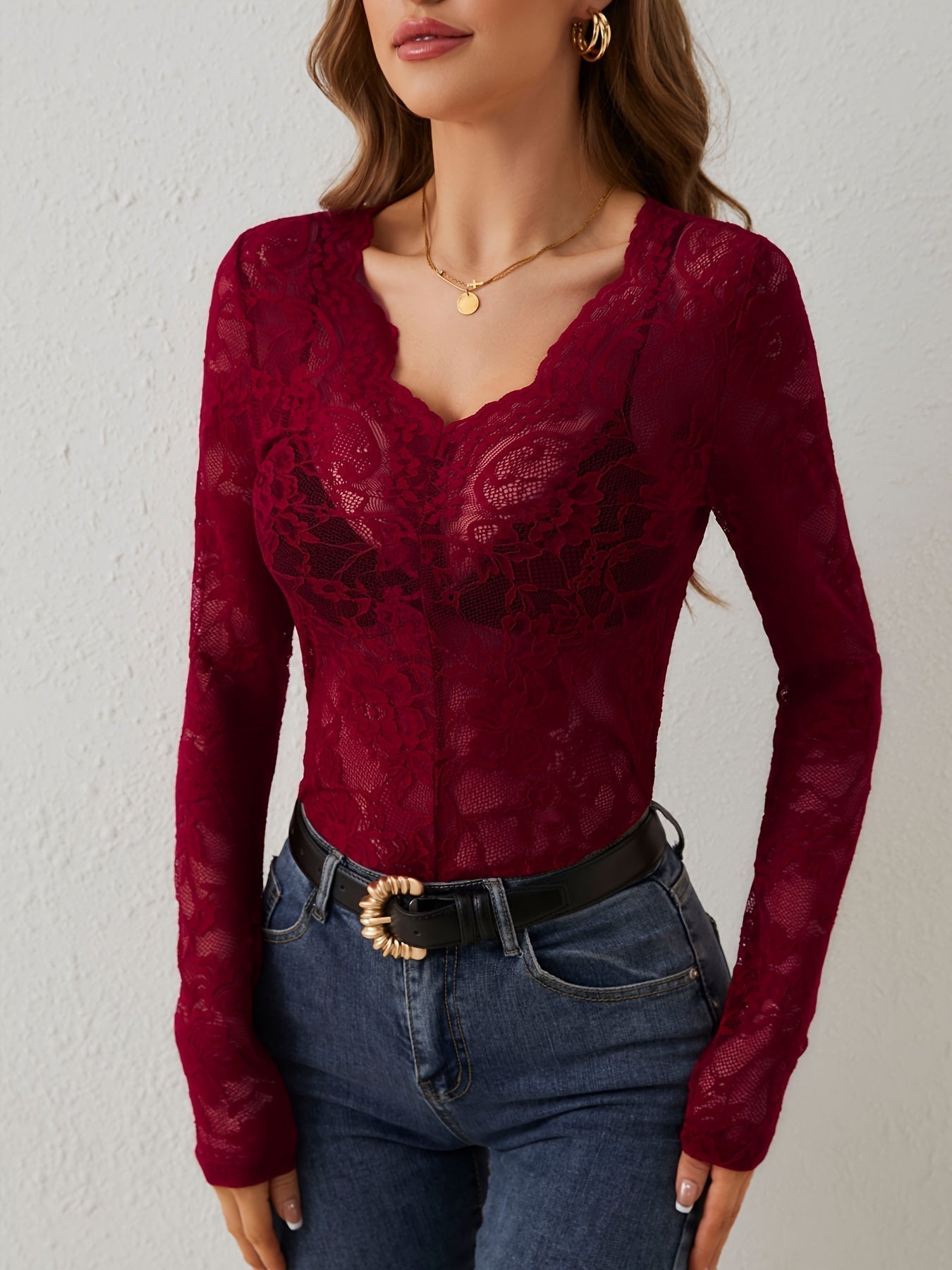 Elegant Black Lace Going Out Top for Women with Scalloped V Neck Long Sleeve Sheer Fitted Style