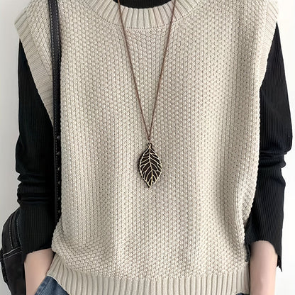 Comfortable Chunky Knit Sweater Vest for Women with Crew Neck Sleeveless Ribbed Trim Relaxed Oversized Style