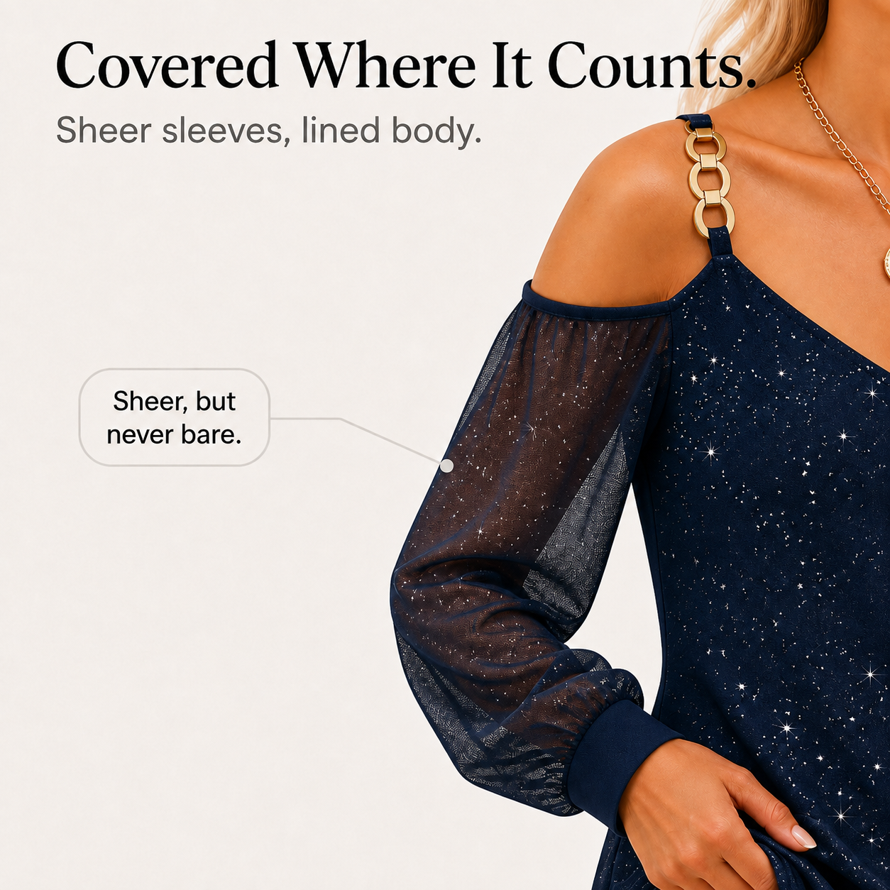 Elegant Star Print Mini Dress for Women with Cold Shoulder V Neck Long Sleeve Sparkle Party Style