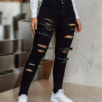 Stylish Black Distressed Flare Jeans for Women with Buckle Strap Ripped Relaxed Style