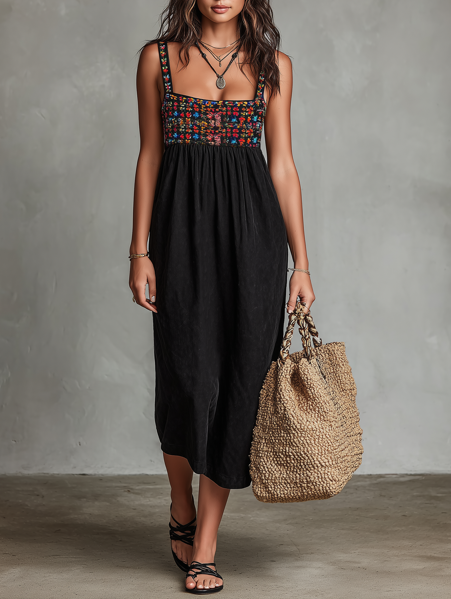Stylish Black Dress for Women with Floral Embroidered Bodice Square Neck Sleeveless Casual Midi Style