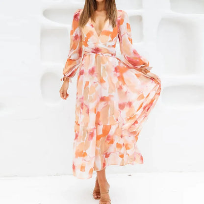 Effortless Floral Midi Dress for Women with V Neck Balloon Sleeve Smocked Waist Flowing Bohemian Style