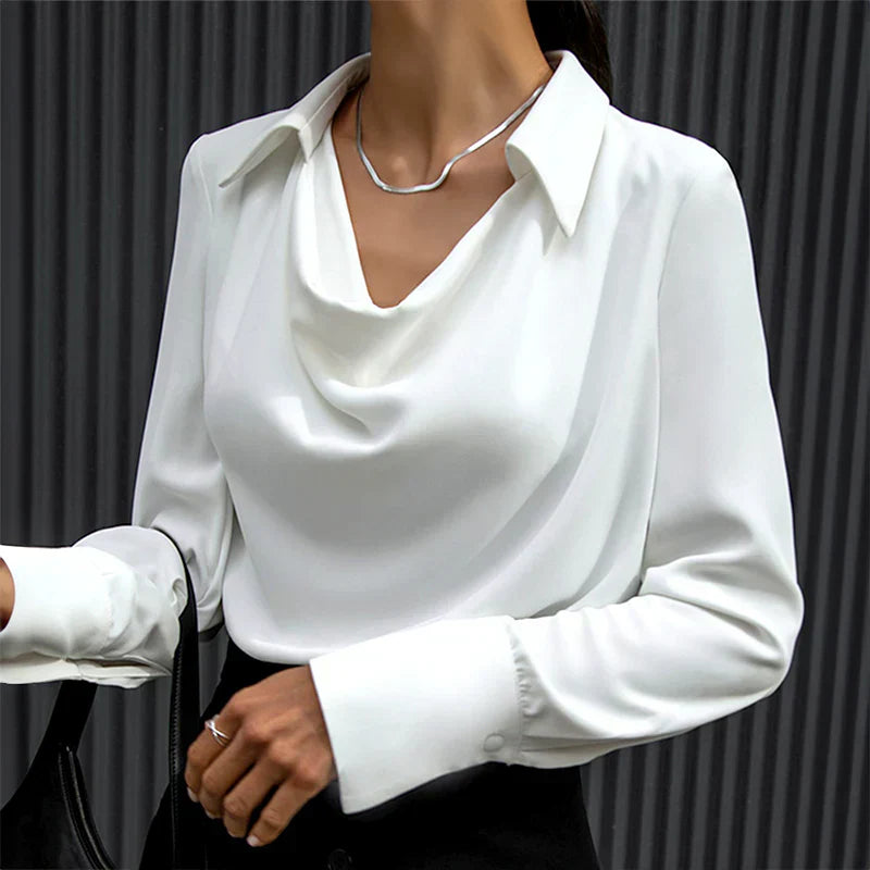 Rhonda | Women’s Drape Neck Long Sleeve Satin Blouses