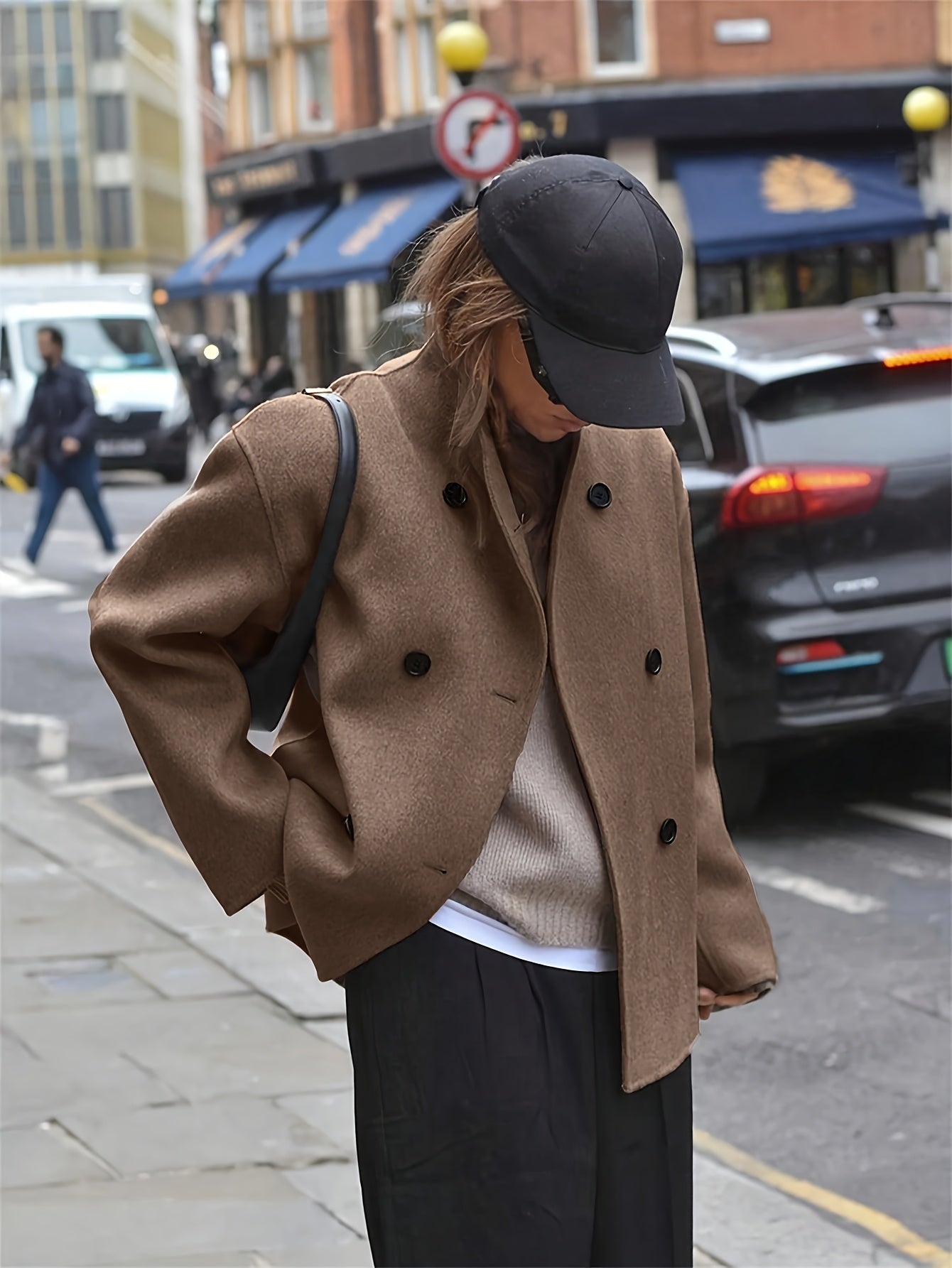 Elegant Camel Wool Pea Coat for Women with Stand Collar Long Sleeve Double Breasted Oversized Style
