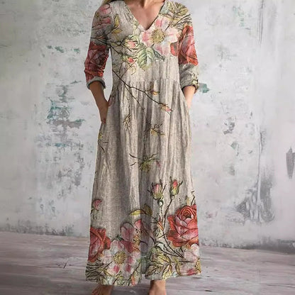 Elegant Wedding Guest Dress for Women with V Neck Long Sleeve Floral Maxi Formal Style
