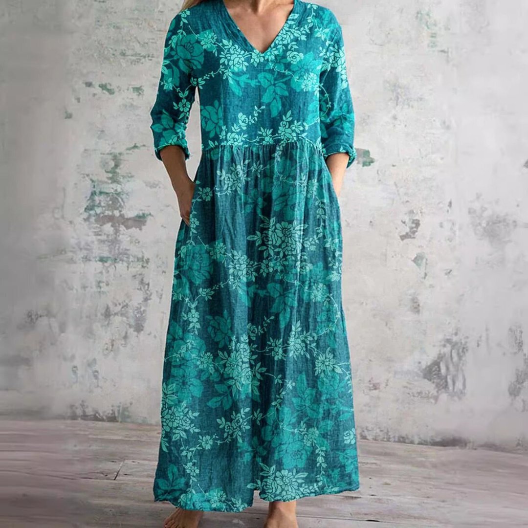 Elegant Wedding Guest Dress for Women with V Neck Long Sleeve Floral Maxi Formal Style