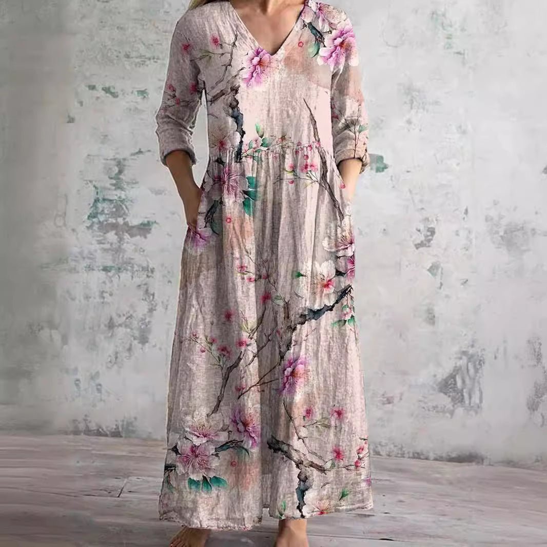 Elegant Wedding Guest Dress for Women with V Neck Long Sleeve Floral Maxi Formal Style