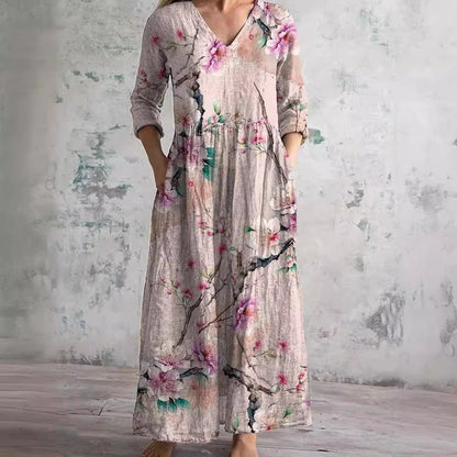 Elegant Wedding Guest Dress for Women with V Neck Long Sleeve Floral Maxi Formal Style
