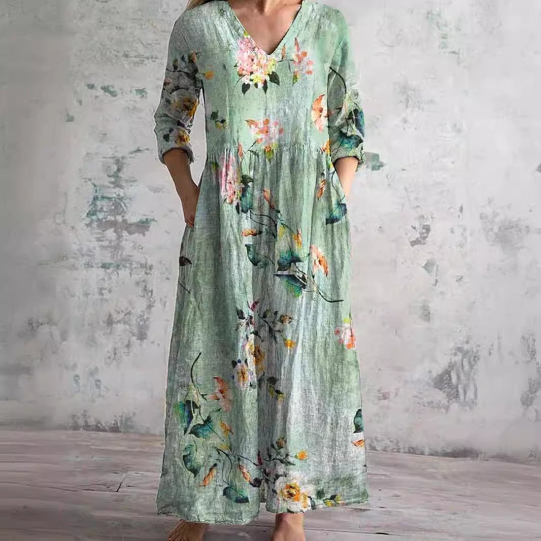 Elegant Wedding Guest Dress for Women with V Neck Long Sleeve Floral Maxi Formal Style