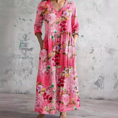 Elegant Wedding Guest Dress for Women with V Neck Long Sleeve Floral Maxi Formal Style