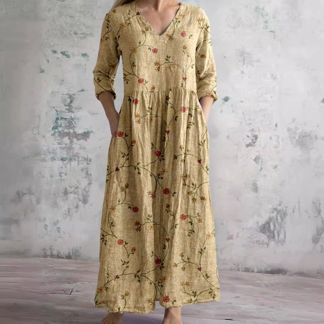 Elegant Wedding Guest Dress for Women with V Neck Long Sleeve Floral Maxi Formal Style