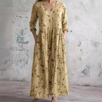 Elegant Wedding Guest Dress for Women with V Neck Long Sleeve Floral Maxi Formal Style