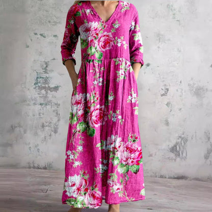 Elegant Wedding Guest Dress for Women with V Neck Long Sleeve Floral Maxi Formal Style