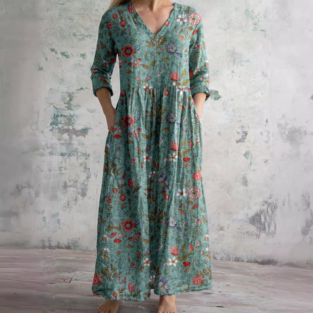 Elegant Wedding Guest Dress for Women with V Neck Long Sleeve Floral Maxi Formal Style