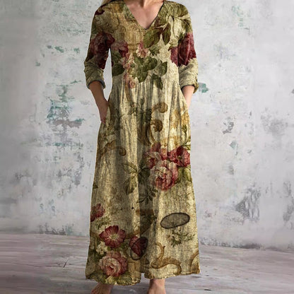 Elegant Wedding Guest Dress for Women with V Neck Long Sleeve Floral Maxi Formal Style