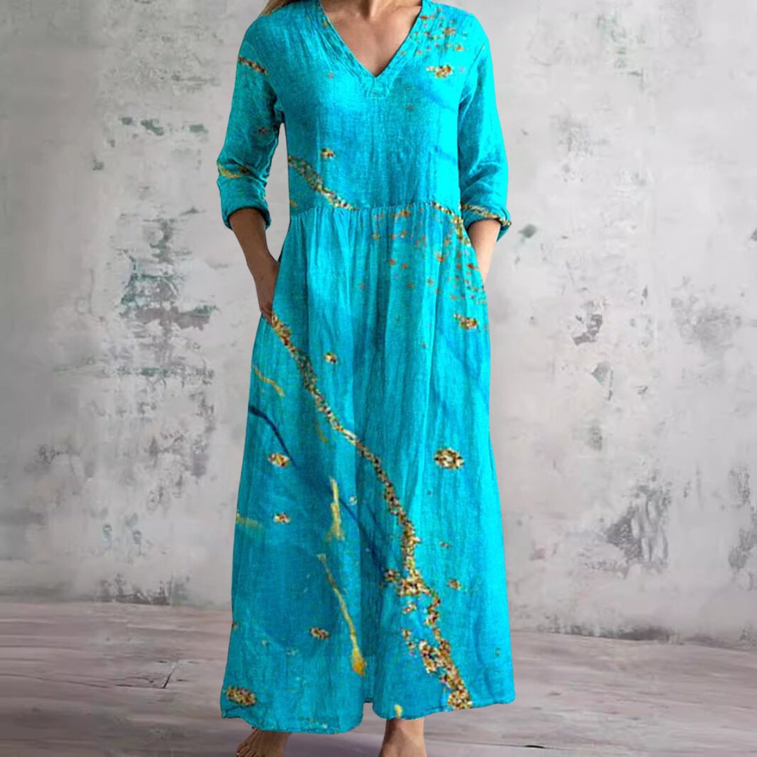 Elegant Wedding Guest Dress for Women with V Neck Long Sleeve Floral Maxi Formal Style