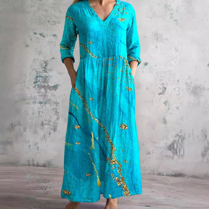 Elegant Wedding Guest Dress for Women with V Neck Long Sleeve Floral Maxi Formal Style
