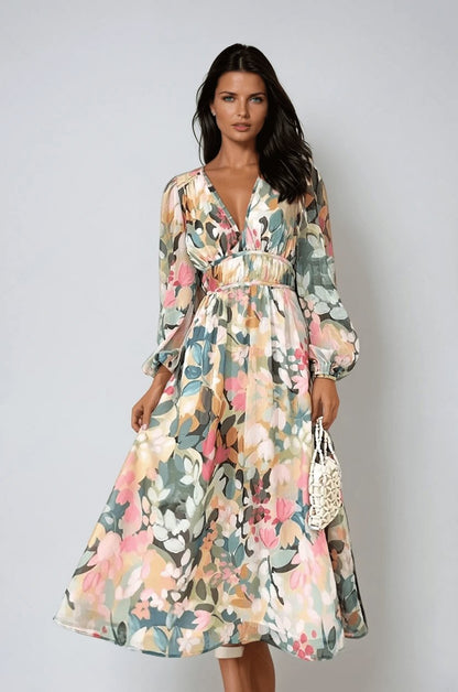 Elegant Wedding Guest Dress for Women with V Neck Long Sleeve Floral Belted Midi Style