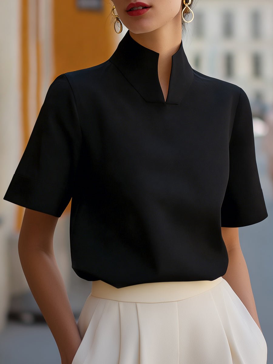 Elegant Blouse for Women with Mandarin Collar Short Sleeve Relaxed Formal Style