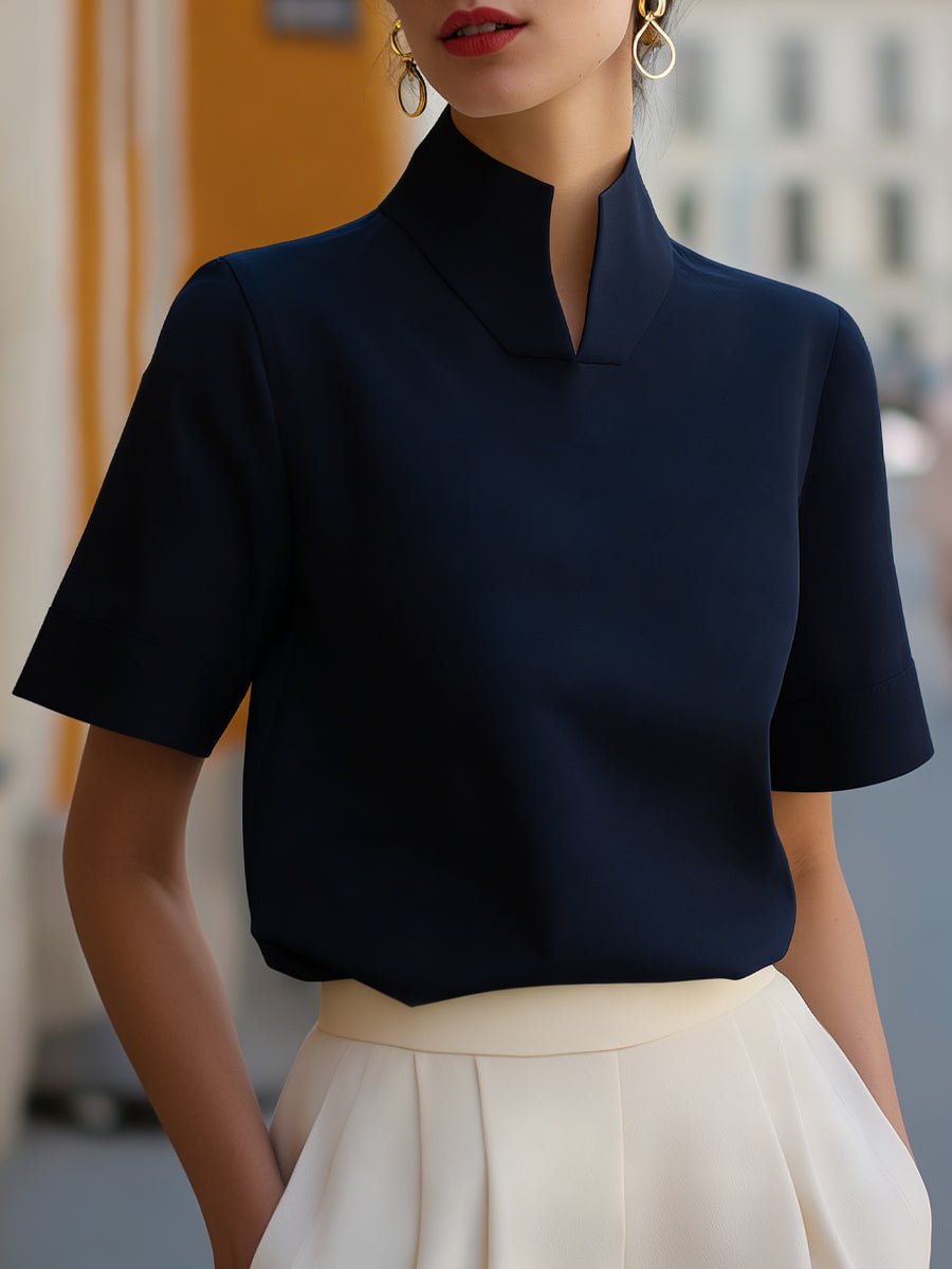 Elegant Blouse for Women with Mandarin Collar Short Sleeve Relaxed Formal Style