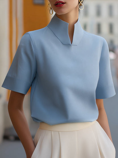 Elegant Blouse for Women with Mandarin Collar Short Sleeve Relaxed Formal Style