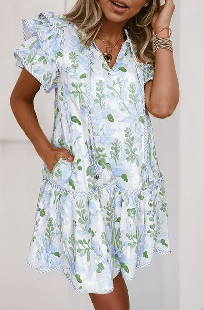 Effortless Floral Mini Dress for Women with V Neck Ruffle Sleeve Contrast Trim Boho Style