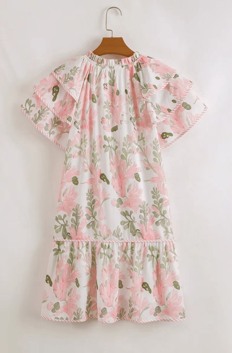 Effortless Floral Mini Dress for Women with V Neck Ruffle Sleeve Contrast Trim Boho Style