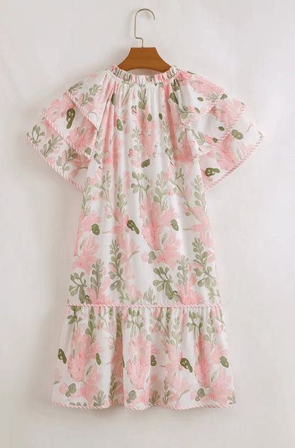 Effortless Floral Mini Dress for Women with V Neck Ruffle Sleeve Contrast Trim Boho Style