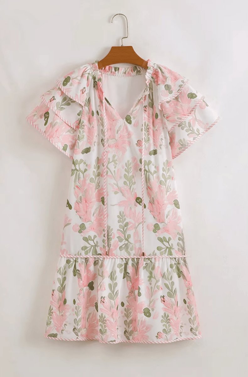 Effortless Floral Mini Dress for Women with V Neck Ruffle Sleeve Contrast Trim Boho Style