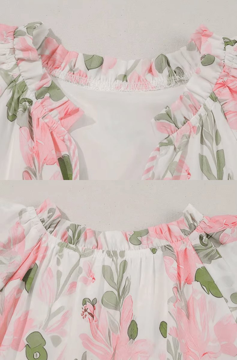 Effortless Floral Mini Dress for Women with V Neck Ruffle Sleeve Contrast Trim Boho Style
