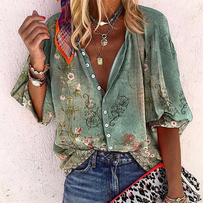 Effortless Floral Blouse for Women with V Neck Button Front Short Sleeve Casual Style