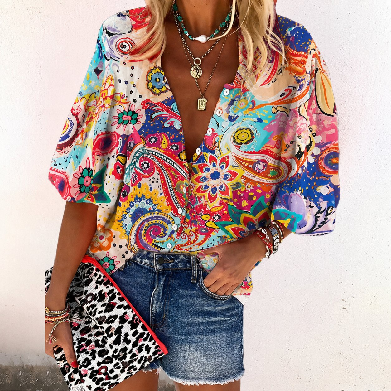 Effortless Floral Blouse for Women with V Neck Button Front Short Sleeve Casual Style