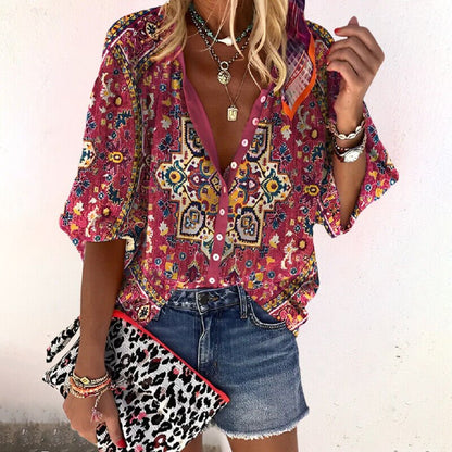 Effortless Floral Blouse for Women with V Neck Button Front Short Sleeve Casual Style