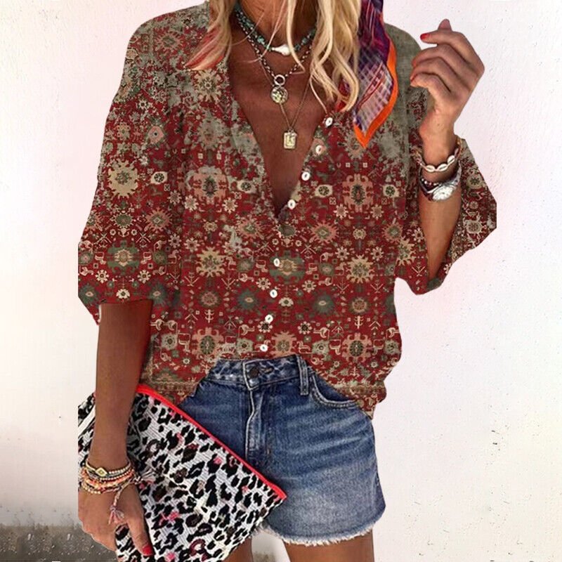 Effortless Floral Blouse for Women with V Neck Button Front Short Sleeve Casual Style
