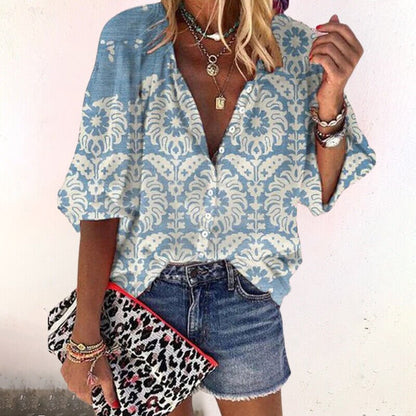 Effortless Floral Blouse for Women with V Neck Button Front Short Sleeve Casual Style