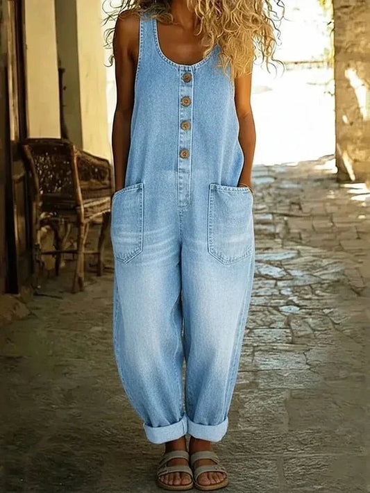 Effortless Denim Jumpsuit for Women with Button Front Sleeveless Wide Leg Casual Style
