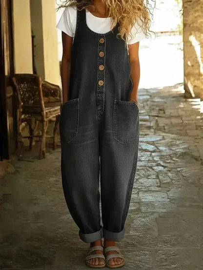 Effortless Denim Jumpsuit for Women with Button Front Sleeveless Wide Leg Casual Style