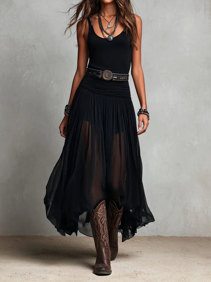 Elegant Maxi Skirt for Women with High Waist Sheer Overlay Flowing Formal Style